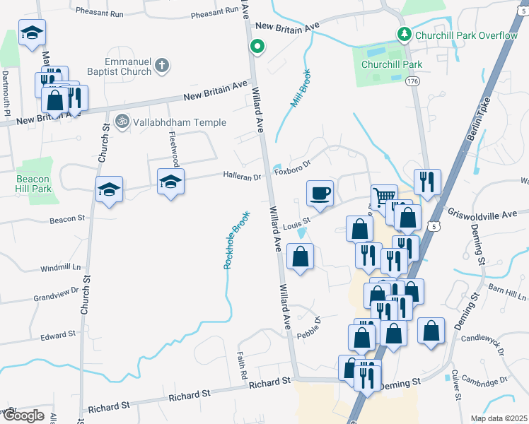 map of restaurants, bars, coffee shops, grocery stores, and more near 1537 Willard Avenue in Newington