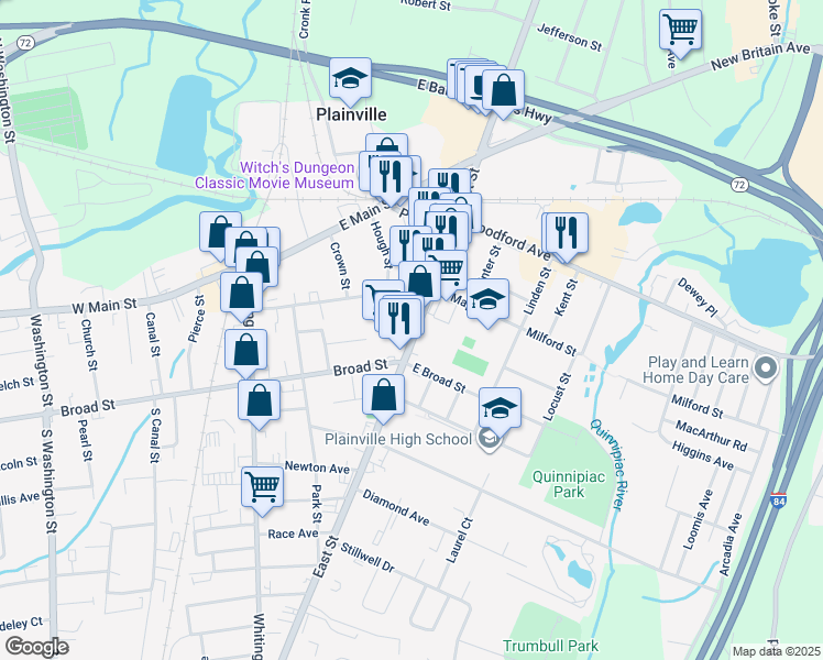 map of restaurants, bars, coffee shops, grocery stores, and more near 63 Plainville Avenue in Farmington