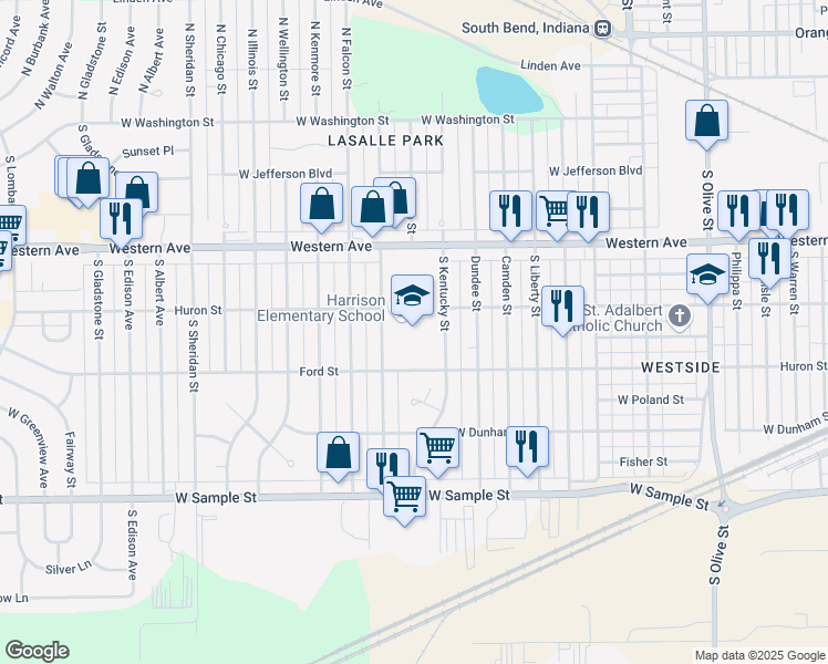 map of restaurants, bars, coffee shops, grocery stores, and more near 3302 West Western Avenue in South Bend