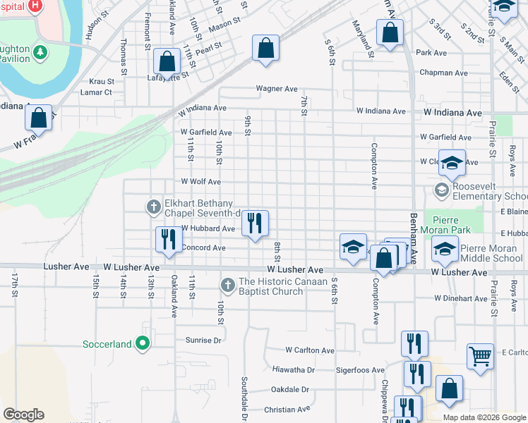 map of restaurants, bars, coffee shops, grocery stores, and more near 817 West Blaine Avenue in Elkhart