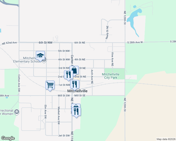 map of restaurants, bars, coffee shops, grocery stores, and more near 209 3rd Street Northeast in Mitchellville
