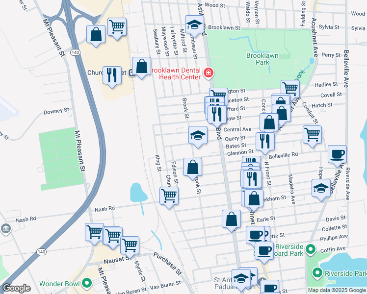 map of restaurants, bars, coffee shops, grocery stores, and more near 323-325 Query Street in New Bedford