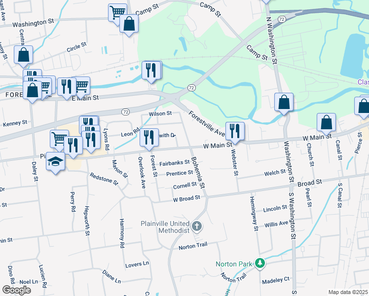 map of restaurants, bars, coffee shops, grocery stores, and more near 6 Beckwith Drive in Plainville