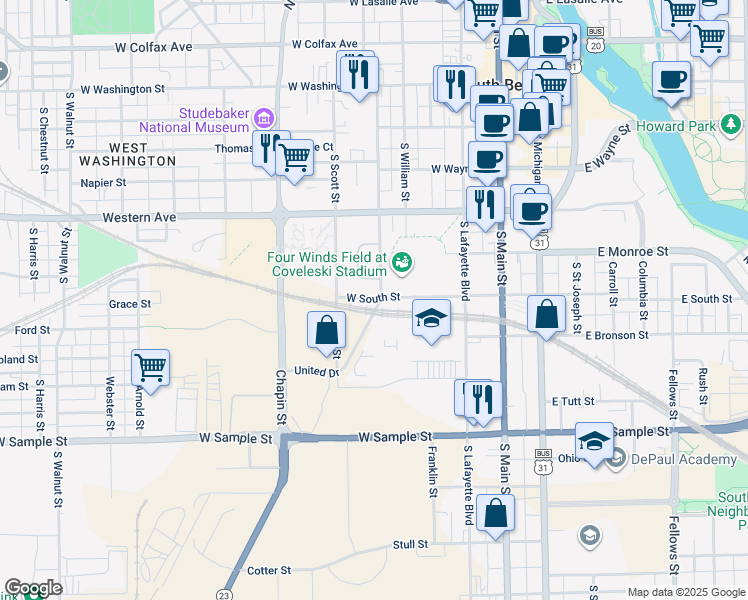 map of restaurants, bars, coffee shops, grocery stores, and more near West South Street in South Bend