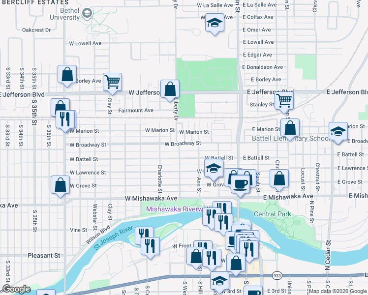 map of restaurants, bars, coffee shops, grocery stores, and more near 312 West Broadway Street in Mishawaka