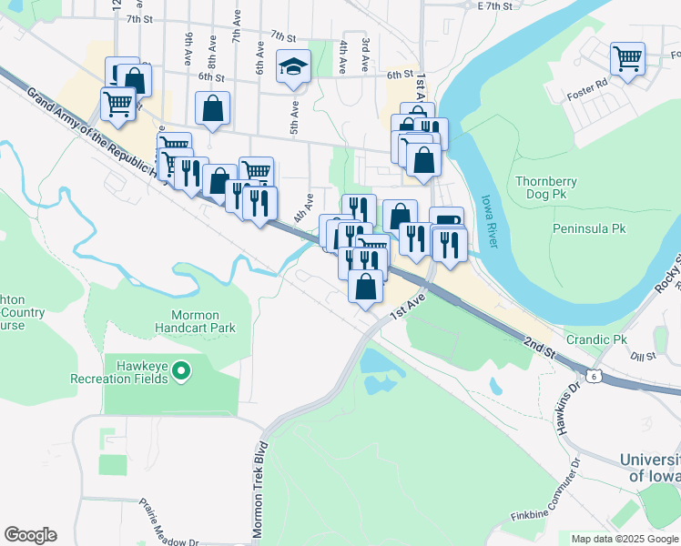 map of restaurants, bars, coffee shops, grocery stores, and more near 320 2nd Street in Coralville
