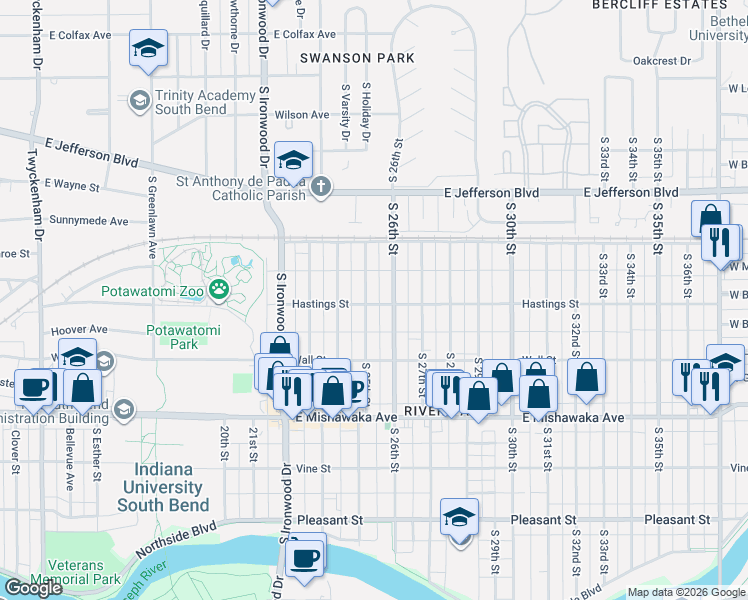 map of restaurants, bars, coffee shops, grocery stores, and more near 617 South 26th Street in South Bend