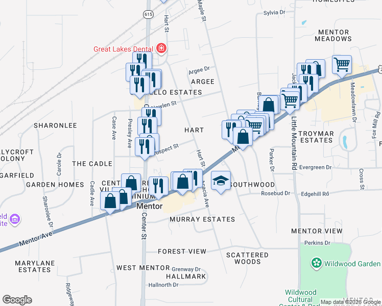 map of restaurants, bars, coffee shops, grocery stores, and more near 7370 Hart Street in Mentor
