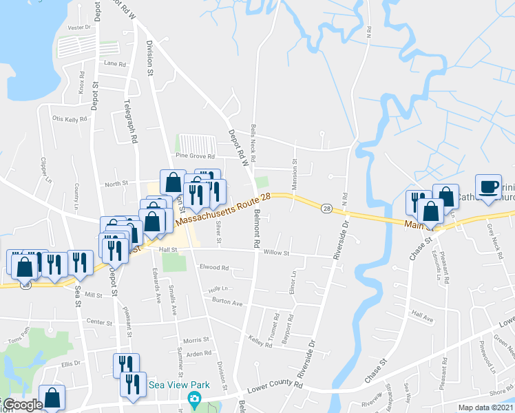 map of restaurants, bars, coffee shops, grocery stores, and more near 245 Belmont Road in Harwich