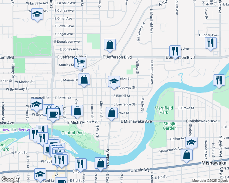 map of restaurants, bars, coffee shops, grocery stores, and more near 715 East Broadway Street in Mishawaka