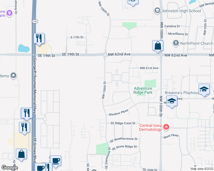 map of restaurants, bars, coffee shops, grocery stores, and more near 1025 Essex Drive in Johnston