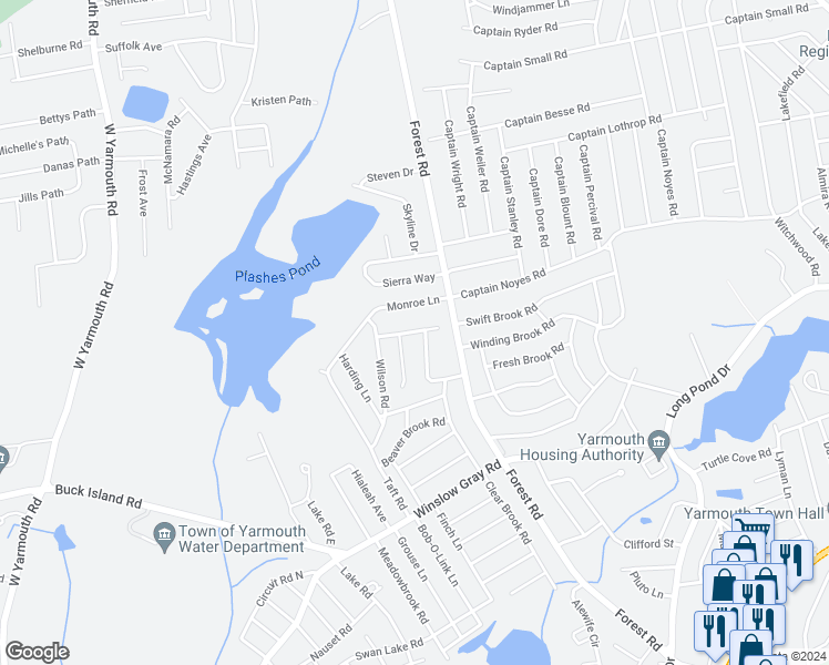 map of restaurants, bars, coffee shops, grocery stores, and more near 23 Kennedy Lane in Yarmouth