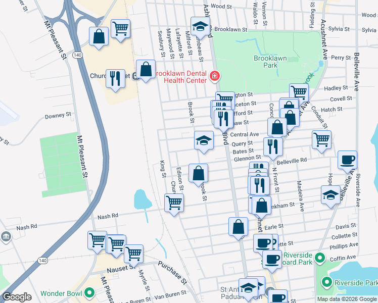 map of restaurants, bars, coffee shops, grocery stores, and more near 323-325 Query Street in New Bedford