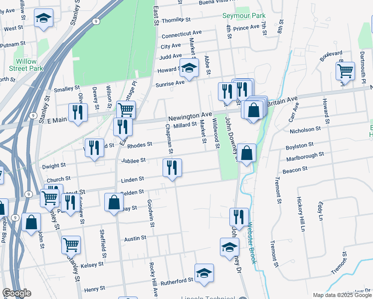 map of restaurants, bars, coffee shops, grocery stores, and more near 169 Rhodes Street in New Britain