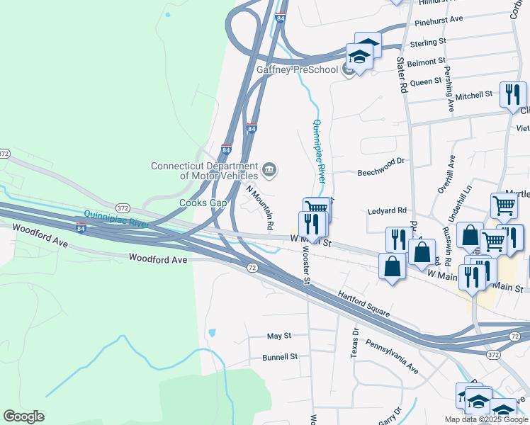 map of restaurants, bars, coffee shops, grocery stores, and more near in New Britain