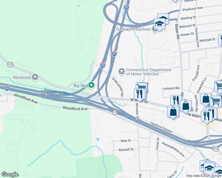 map of restaurants, bars, coffee shops, grocery stores, and more near 70 North Mountain Road in New Britain