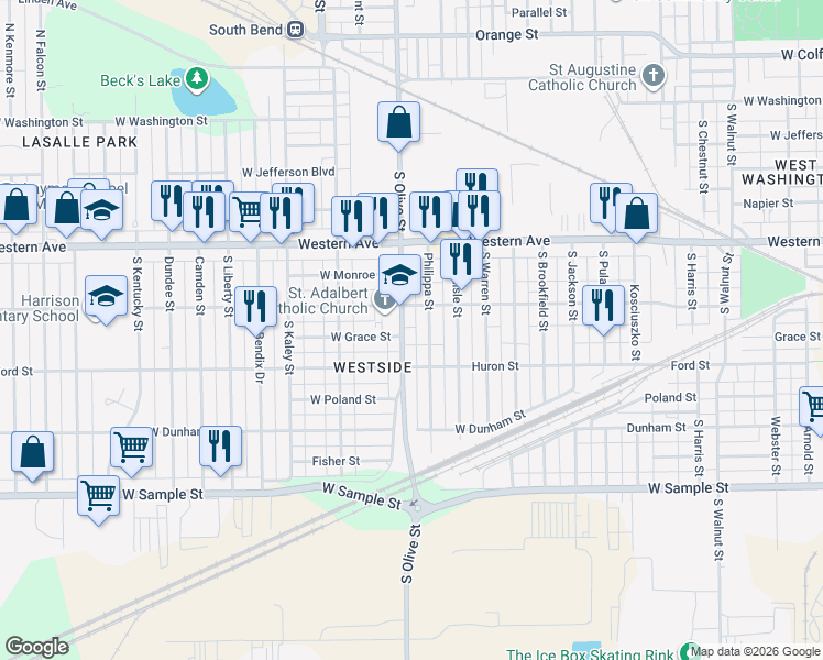 map of restaurants, bars, coffee shops, grocery stores, and more near 502 South Olive Street in South Bend