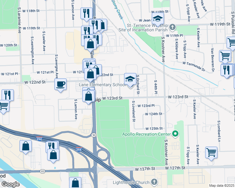 map of restaurants, bars, coffee shops, grocery stores, and more near 12235 South Rexford Avenue in Alsip