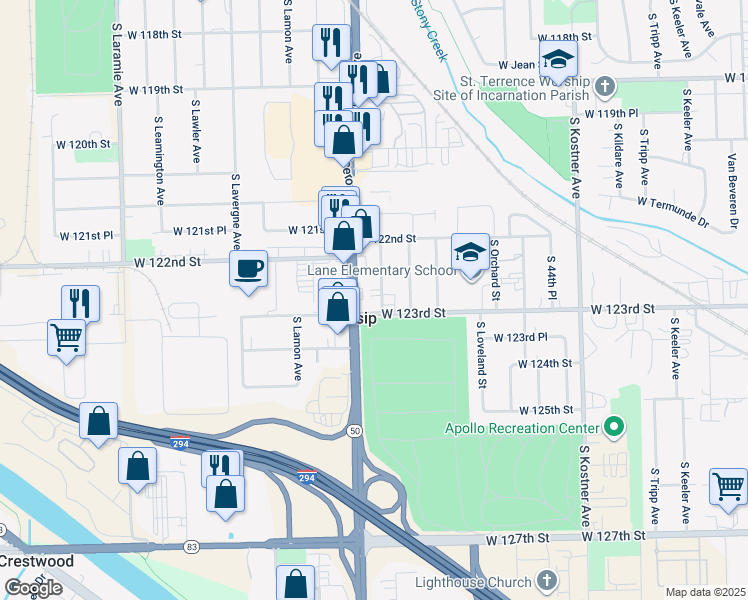 map of restaurants, bars, coffee shops, grocery stores, and more near 12240 South Spencer Street in Alsip