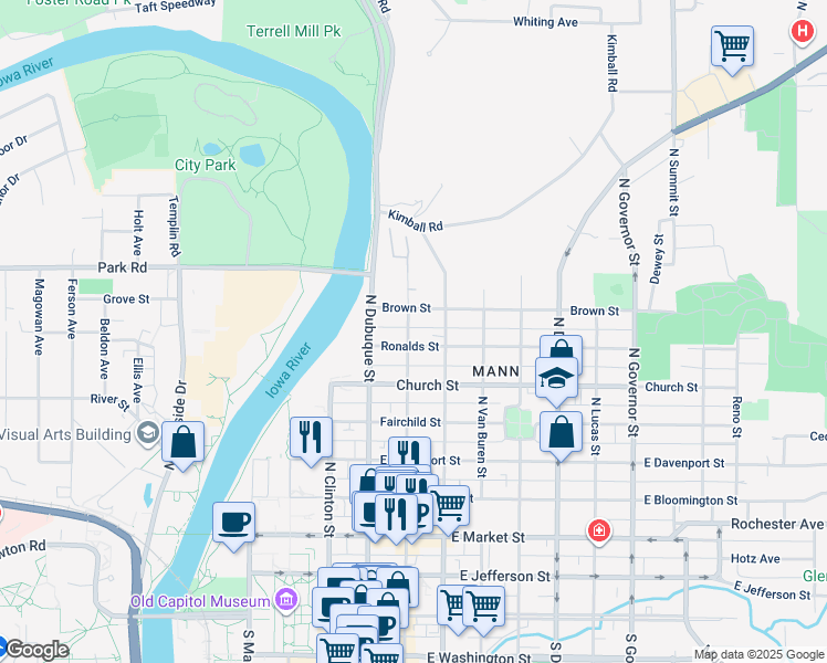 map of restaurants, bars, coffee shops, grocery stores, and more near 730 North Linn Street in Iowa City