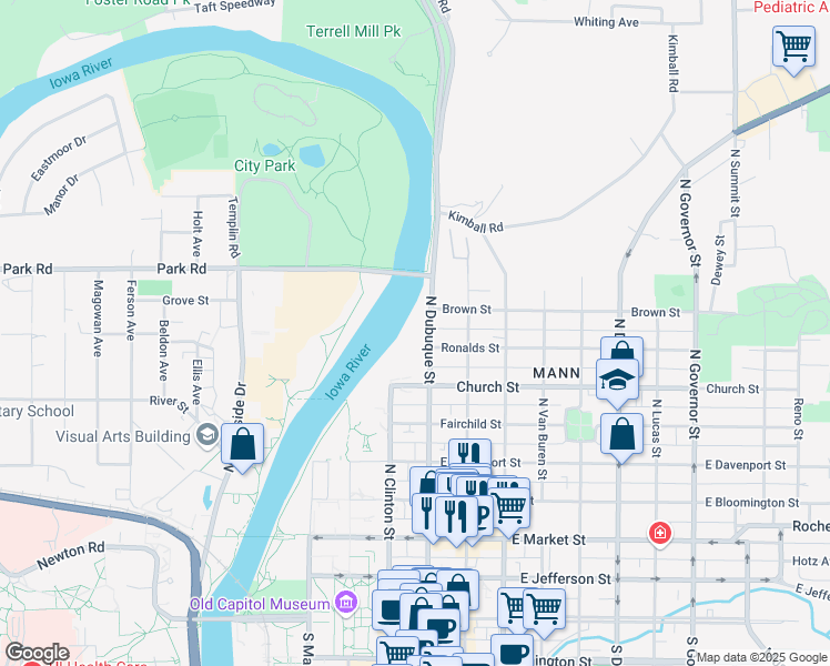 map of restaurants, bars, coffee shops, grocery stores, and more near 750 North Dubuque Street in Iowa City