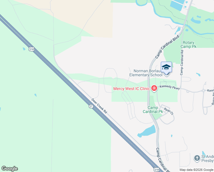 map of restaurants, bars, coffee shops, grocery stores, and more near 3636 Deer Creek Road Southeast in Iowa City