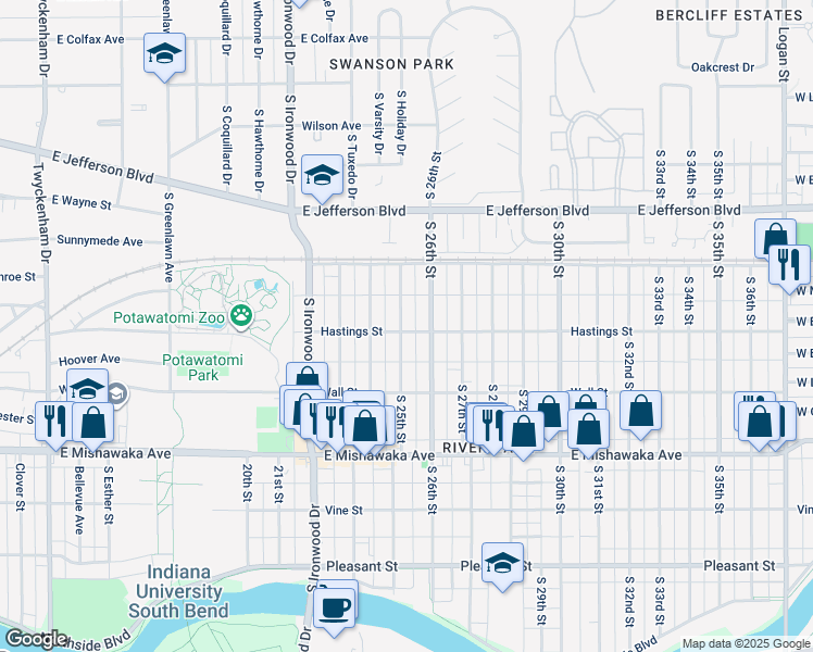 map of restaurants, bars, coffee shops, grocery stores, and more near 636 South 25th Street in South Bend