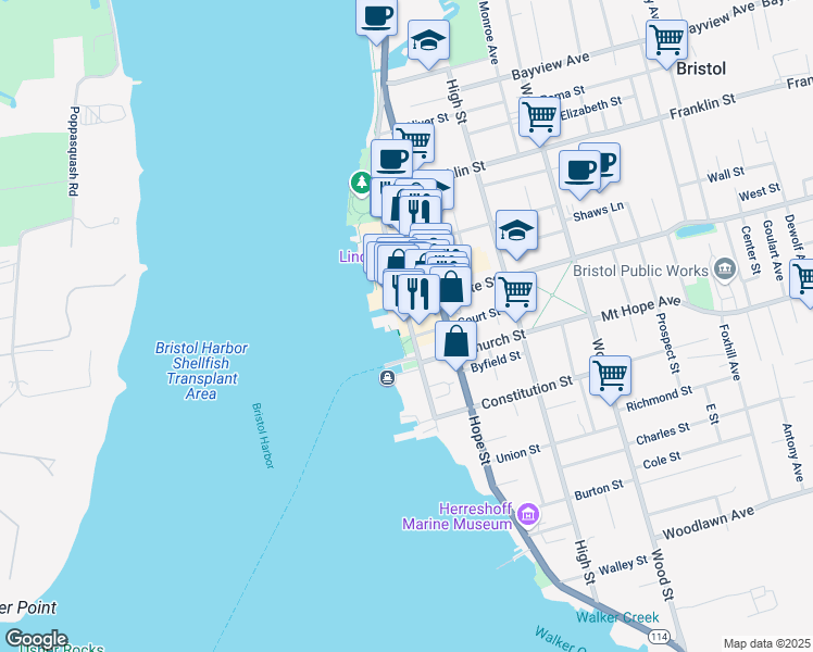 map of restaurants, bars, coffee shops, grocery stores, and more near 1 State Street in Bristol