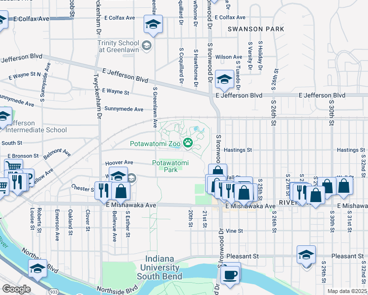 map of restaurants, bars, coffee shops, grocery stores, and more near 500 South Greenlawn Avenue in South Bend