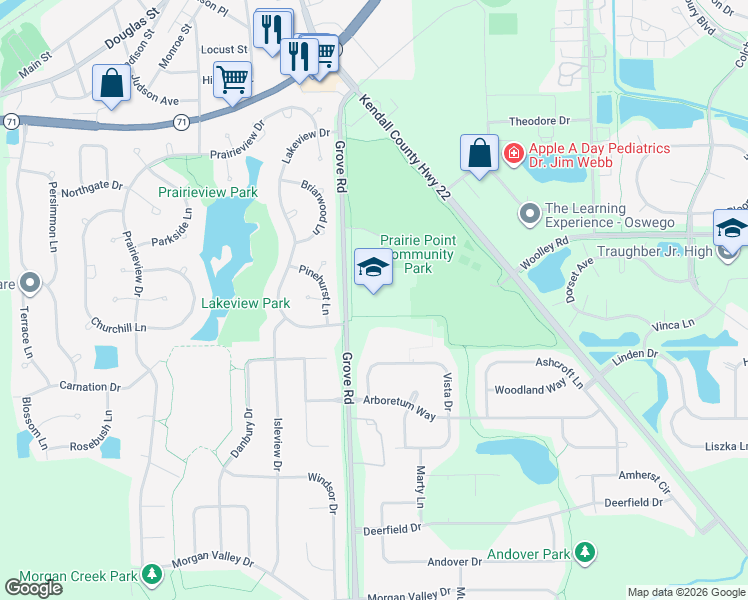 map of restaurants, bars, coffee shops, grocery stores, and more near 3650 Grove Road in Oswego