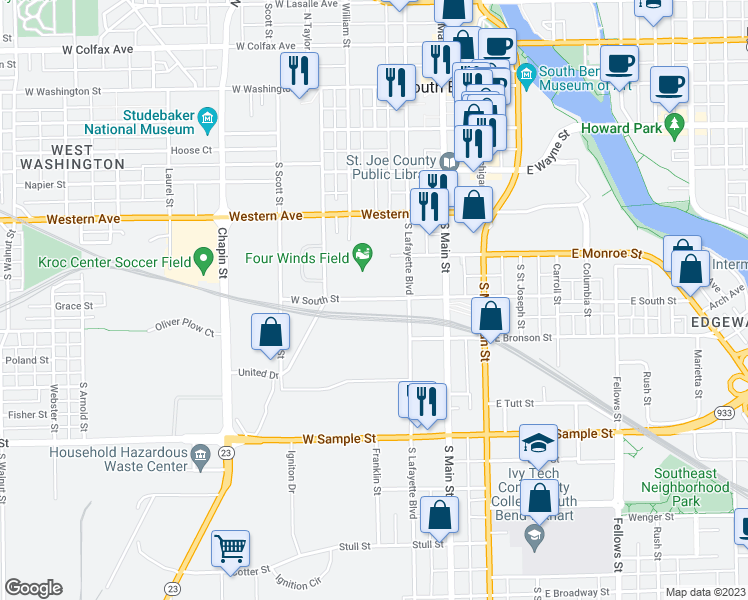 map of restaurants, bars, coffee shops, grocery stores, and more near 326 W South St in South Bend