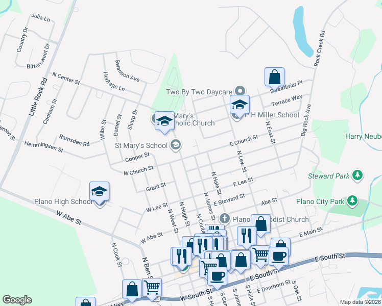map of restaurants, bars, coffee shops, grocery stores, and more near 17 East Church Street in Plano