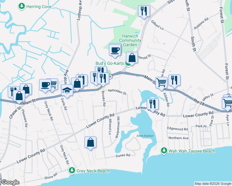 map of restaurants, bars, coffee shops, grocery stores, and more near 10 Nehoiden Street in Harwich