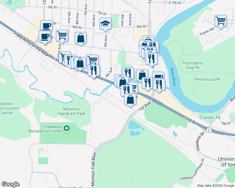map of restaurants, bars, coffee shops, grocery stores, and more near 320 2nd Street in Coralville