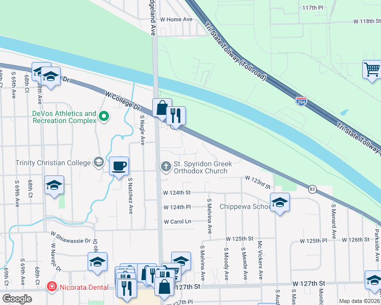 map of restaurants, bars, coffee shops, grocery stores, and more near 6381 Orchard Drive in Palos Heights