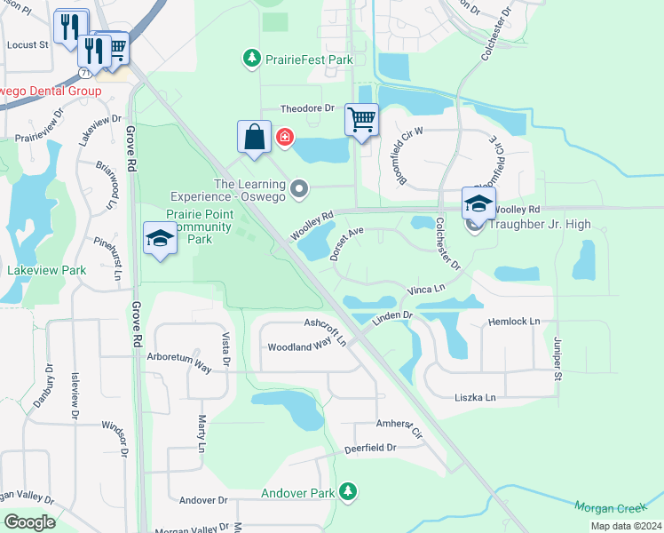map of restaurants, bars, coffee shops, grocery stores, and more near 223 Dorset Court in Oswego