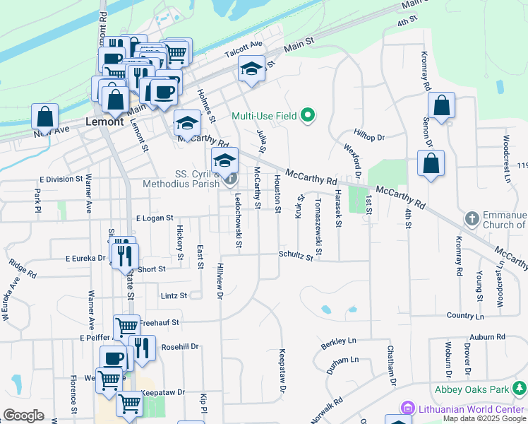 map of restaurants, bars, coffee shops, grocery stores, and more near 608 Houston Street in Lemont