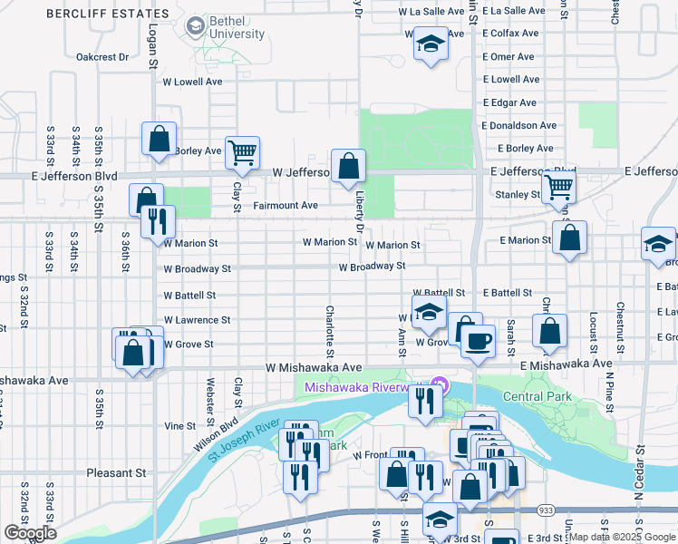 map of restaurants, bars, coffee shops, grocery stores, and more near 427 West Broadway Street in Mishawaka
