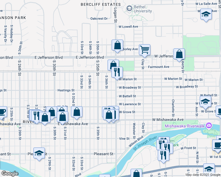 map of restaurants, bars, coffee shops, grocery stores, and more near 3609 Hastings Street in South Bend