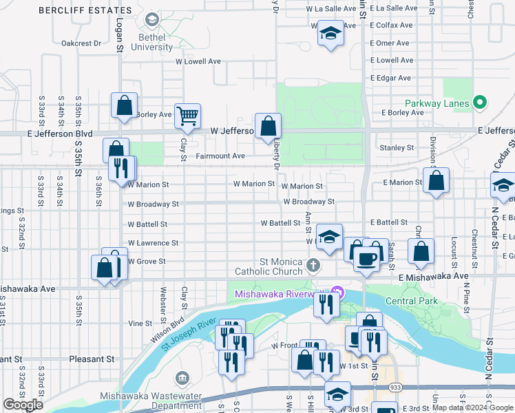 map of restaurants, bars, coffee shops, grocery stores, and more near 429 West Broadway Street in Mishawaka