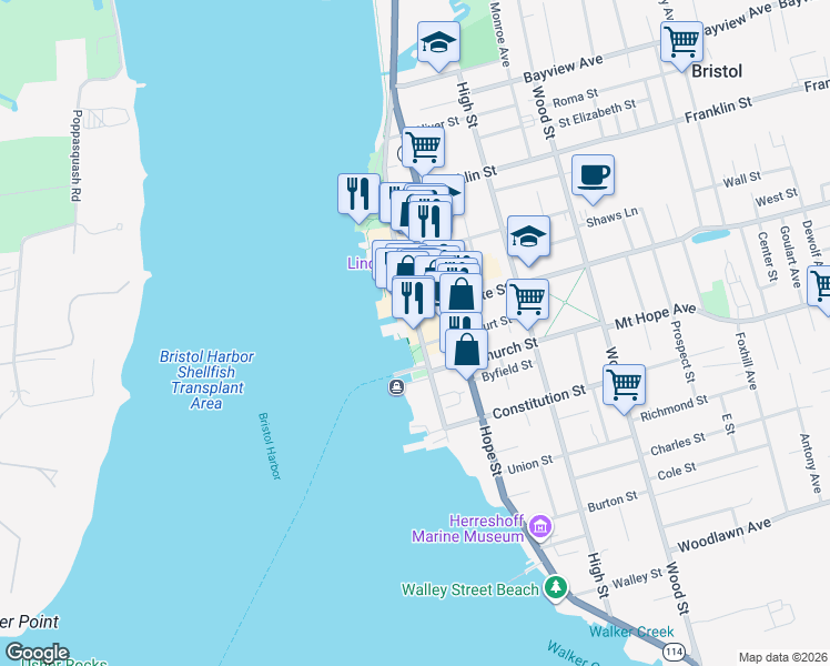 map of restaurants, bars, coffee shops, grocery stores, and more near 227 Thames Street in Bristol
