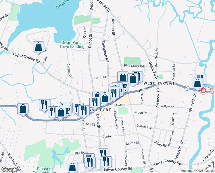 map of restaurants, bars, coffee shops, grocery stores, and more near 57 Telegraph Road in Dennis