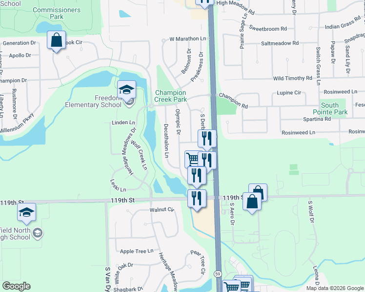 map of restaurants, bars, coffee shops, grocery stores, and more near 11660 Olympic Drive in Plainfield