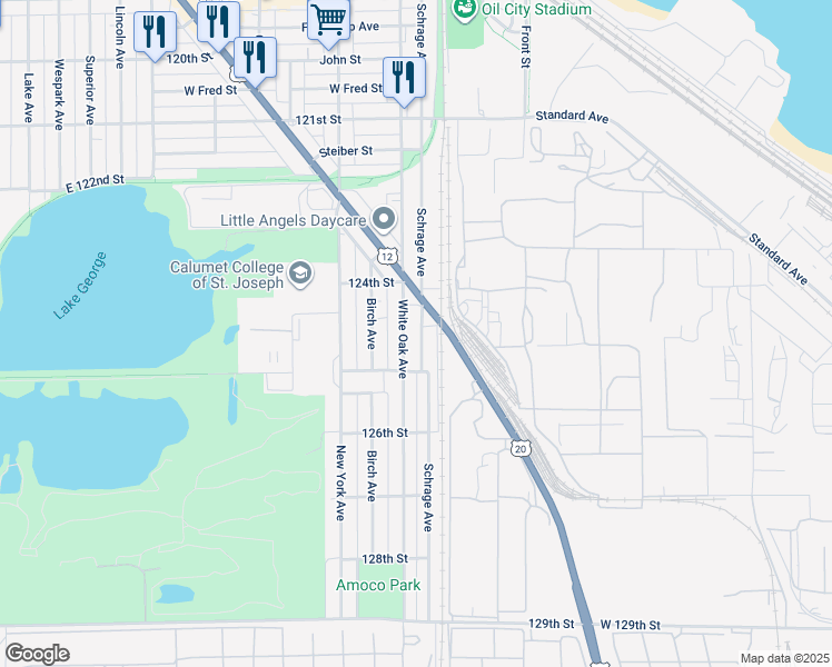 map of restaurants, bars, coffee shops, grocery stores, and more near 2426 Schrage Avenue in Whiting