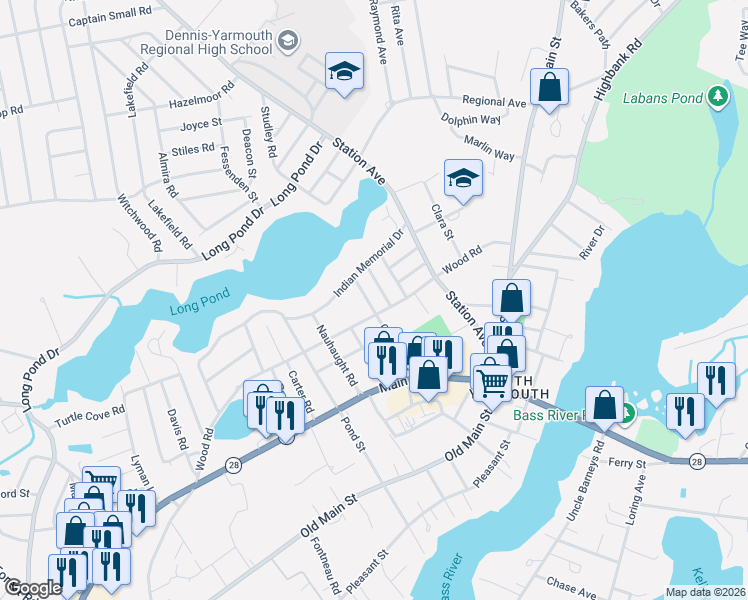 map of restaurants, bars, coffee shops, grocery stores, and more near 50 Geneva Road in Yarmouth