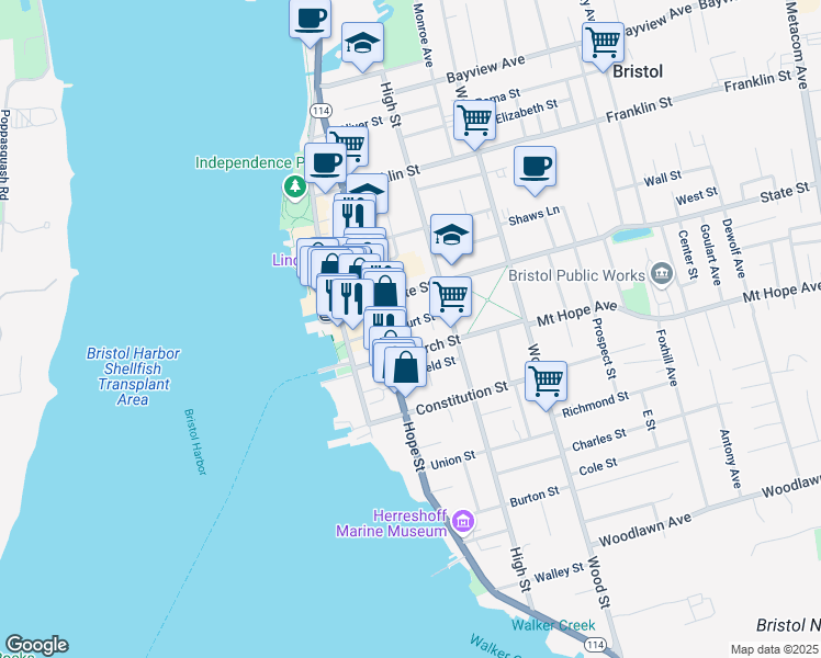 map of restaurants, bars, coffee shops, grocery stores, and more near 48 Court Street in Bristol