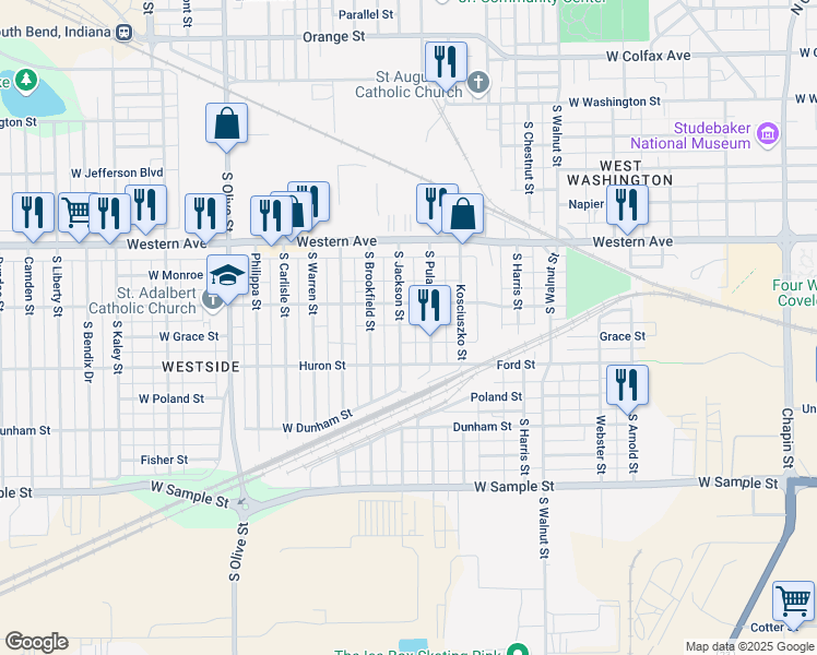 map of restaurants, bars, coffee shops, grocery stores, and more near 515 S Pulaski St in South Bend