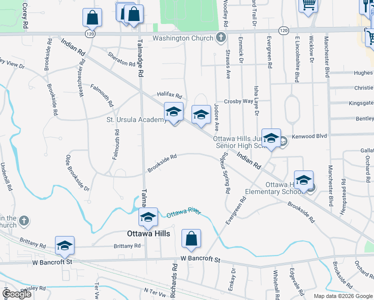map of restaurants, bars, coffee shops, grocery stores, and more near 4044 Brookside Road in Ottawa Hills