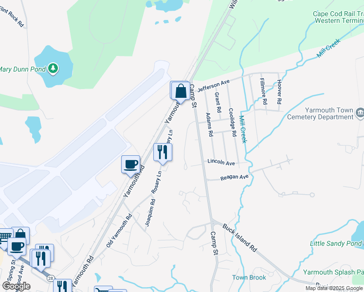 map of restaurants, bars, coffee shops, grocery stores, and more near 345 Camp Street in Yarmouth
