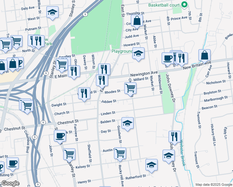map of restaurants, bars, coffee shops, grocery stores, and more near 46 Rhodes Street in New Britain